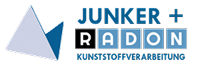 Logo von Junker + Radon, spezialisiert auf Kunststoffverarbeitung. Geometrische Formen in Blau und Grau.